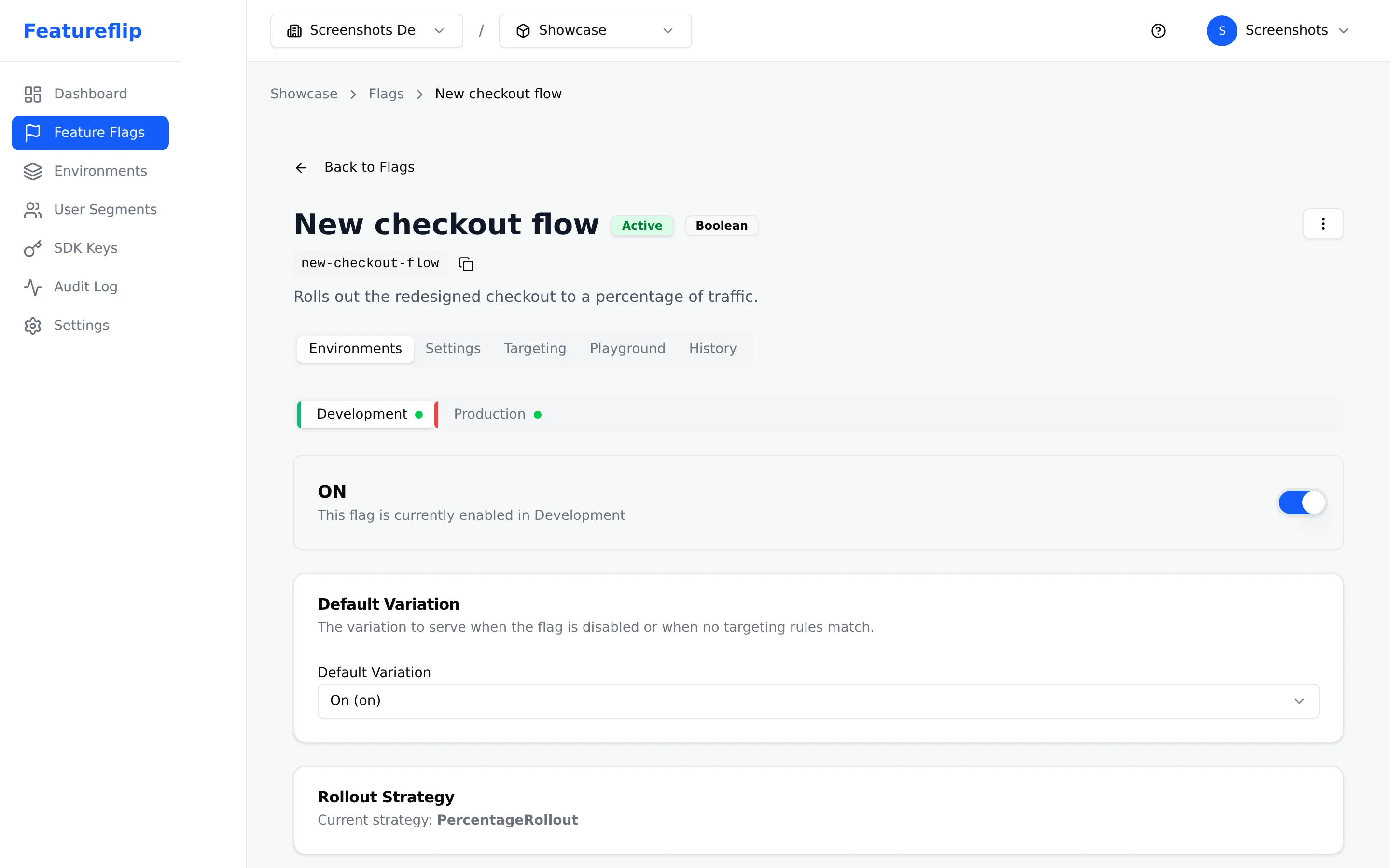 Flag detail page showing Development and Production environment tabs