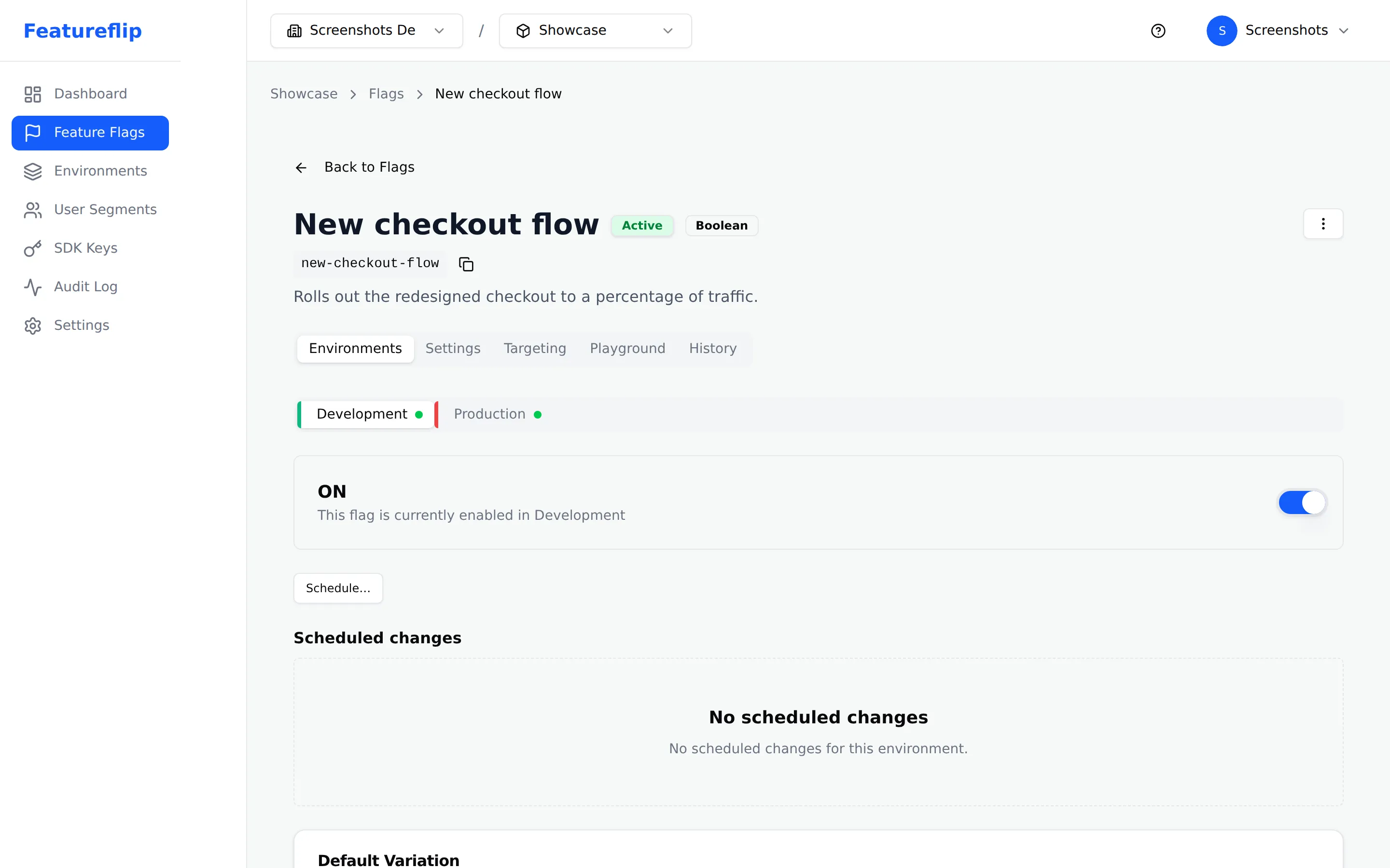 Flag detail page showing Development and Production environment tabs