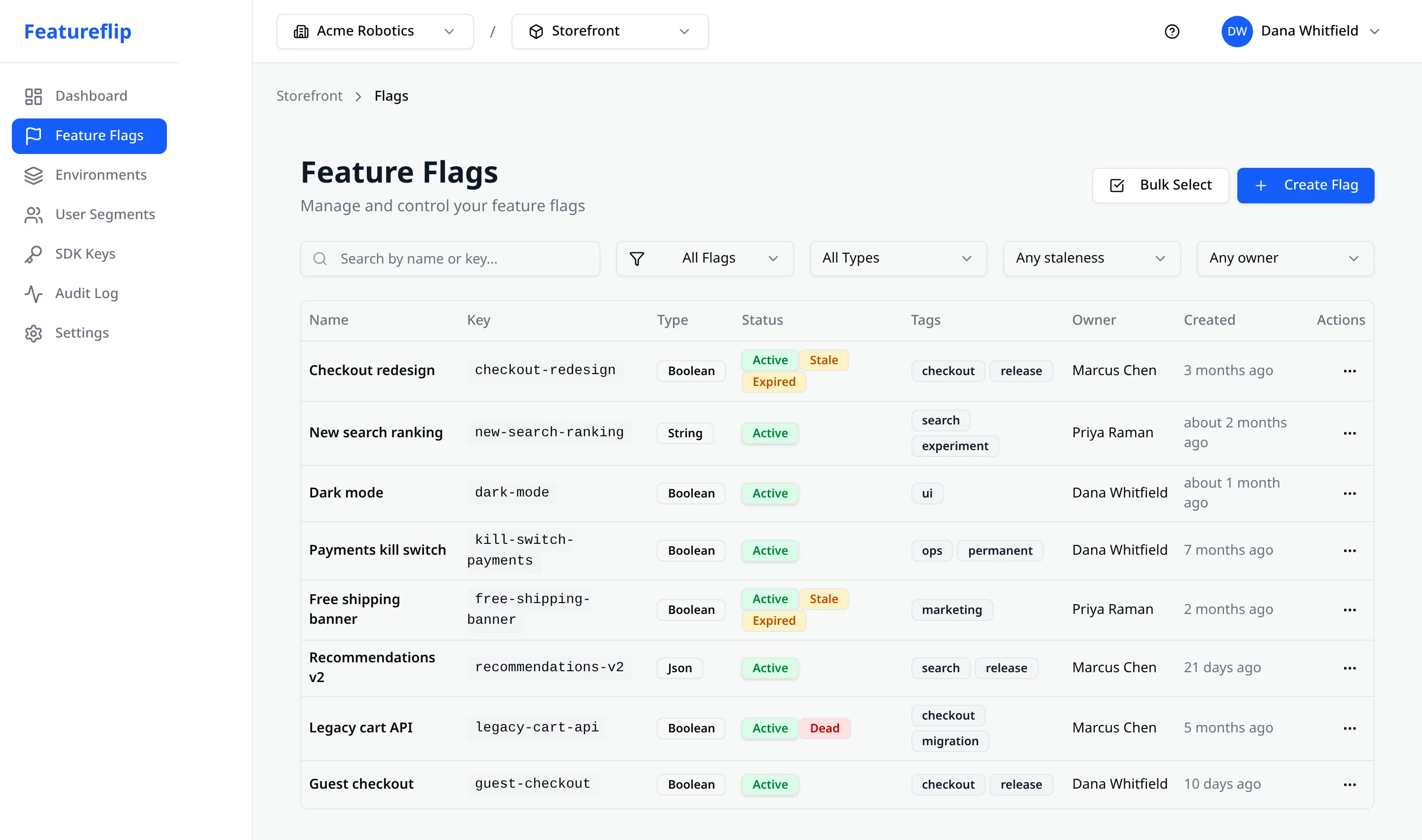 The flags list with an Owner column naming a person on every flag, two flags marked Stale and Expired, and one marked Dead