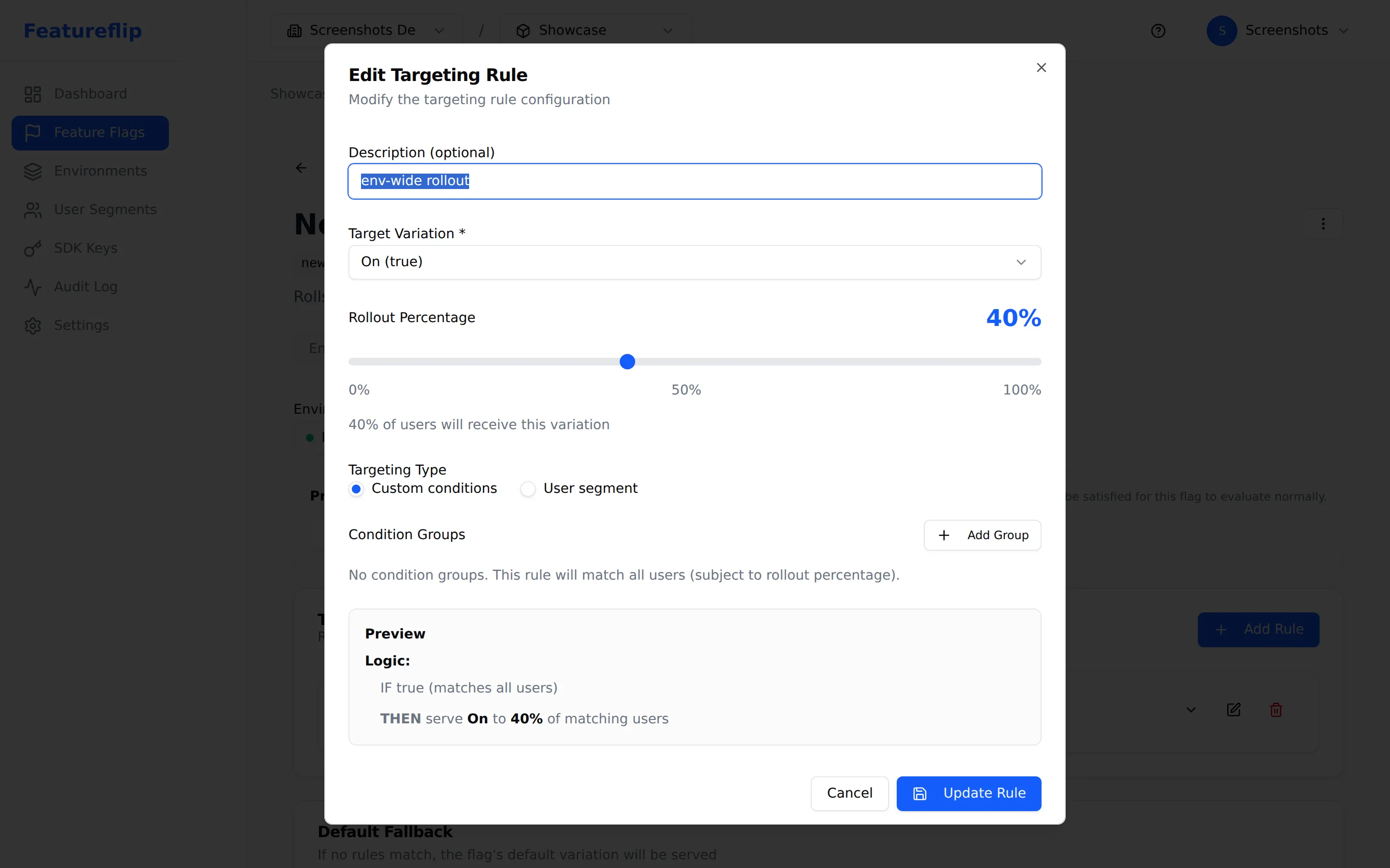 Targeting rule editor with a 40% rollout slider, showing the rule will serve On to 40% of matching users