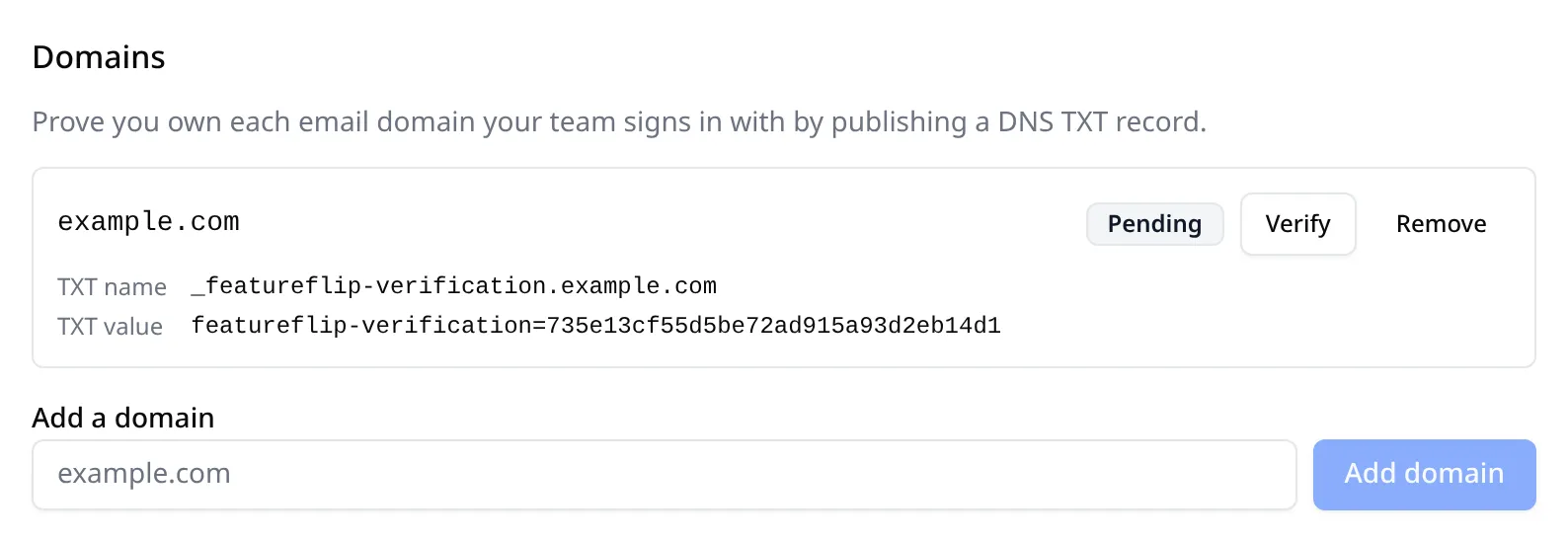 The Domains section with example.com marked Pending and its TXT name and TXT value shown