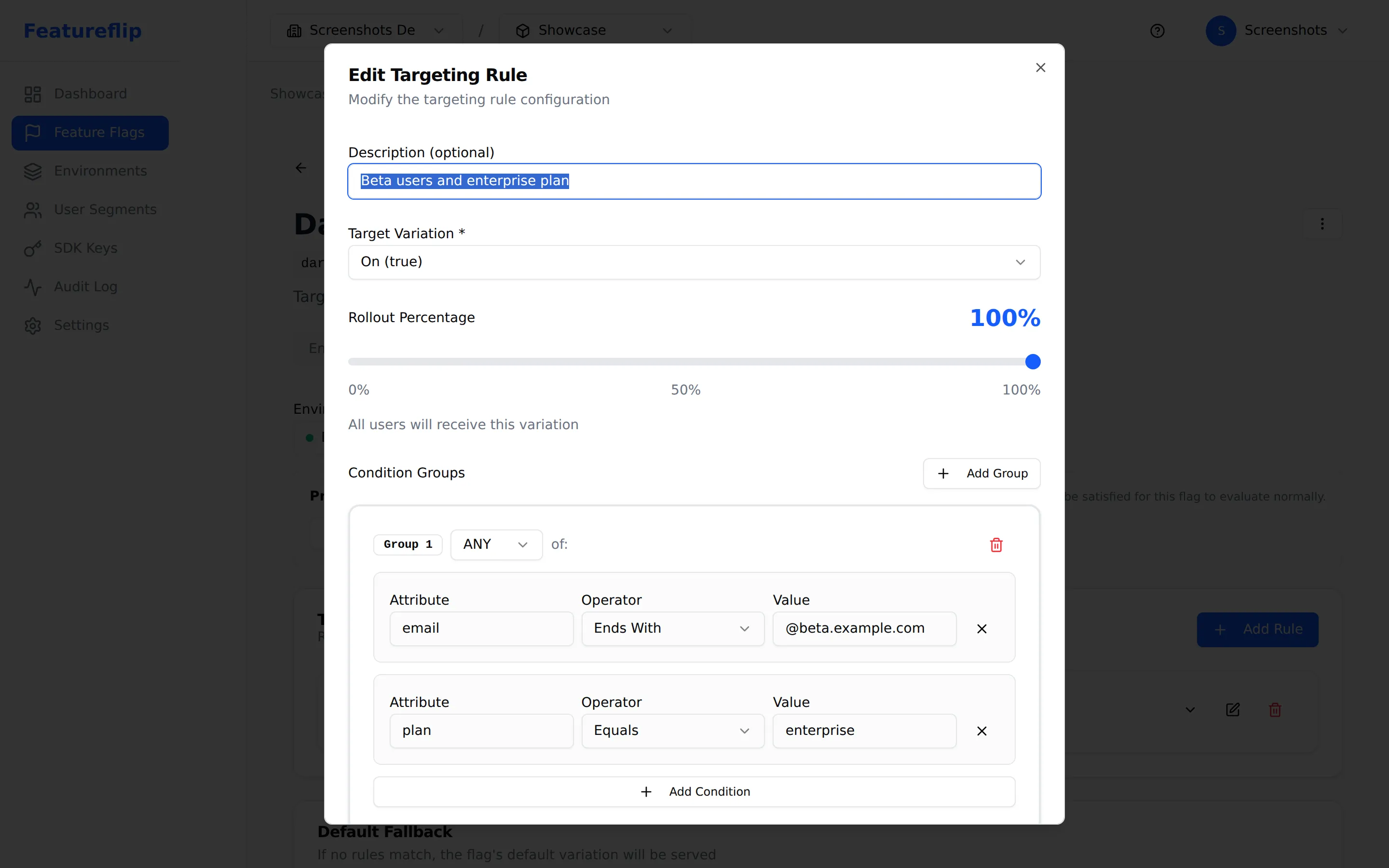 Targeting rule editor showing a condition group with two conditions combined by ANY: plan equals enterprise OR email ends with @beta.example.com