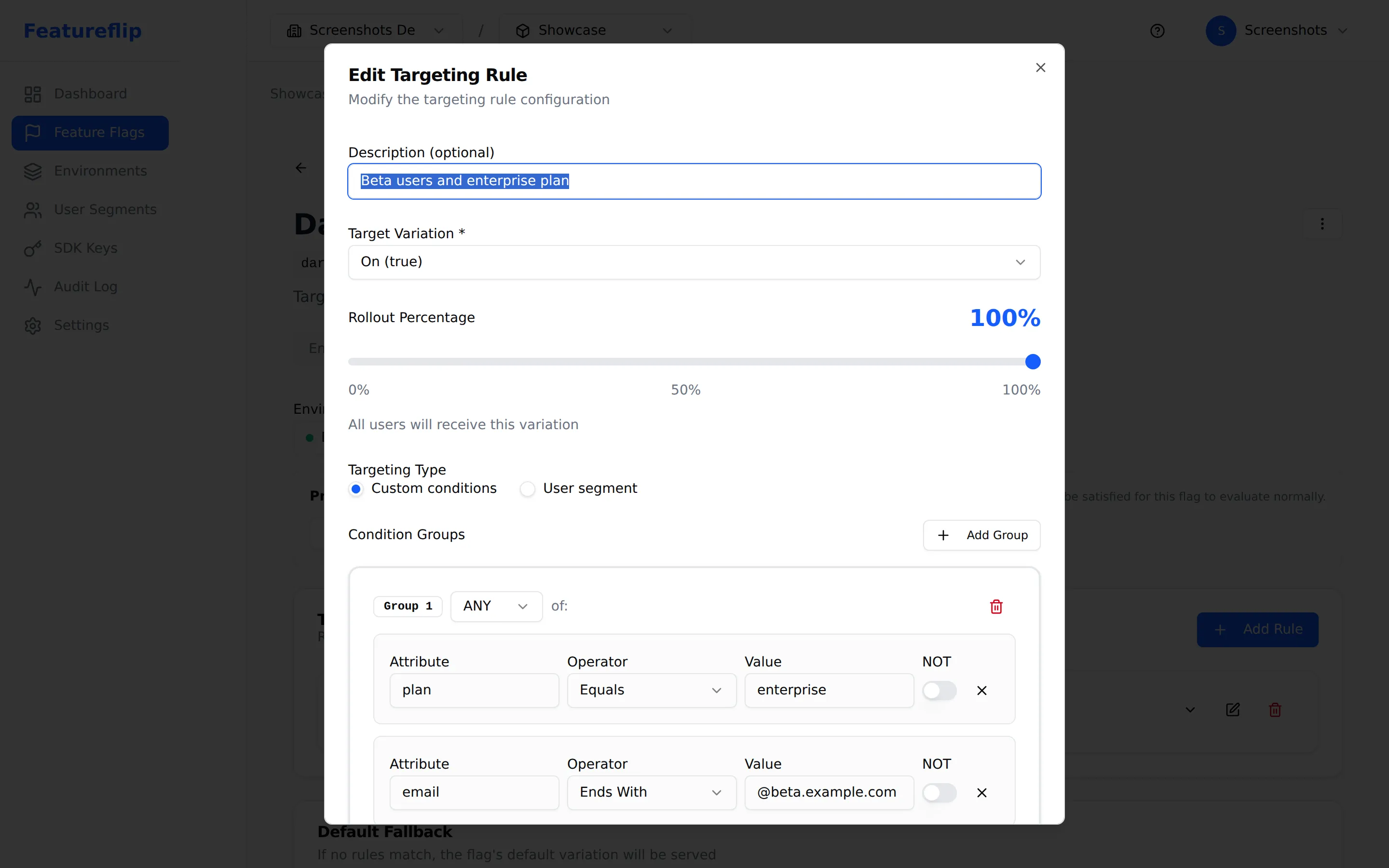 Targeting rule editor showing a condition group with two conditions combined by ANY: plan equals enterprise OR email ends with @beta.example.com