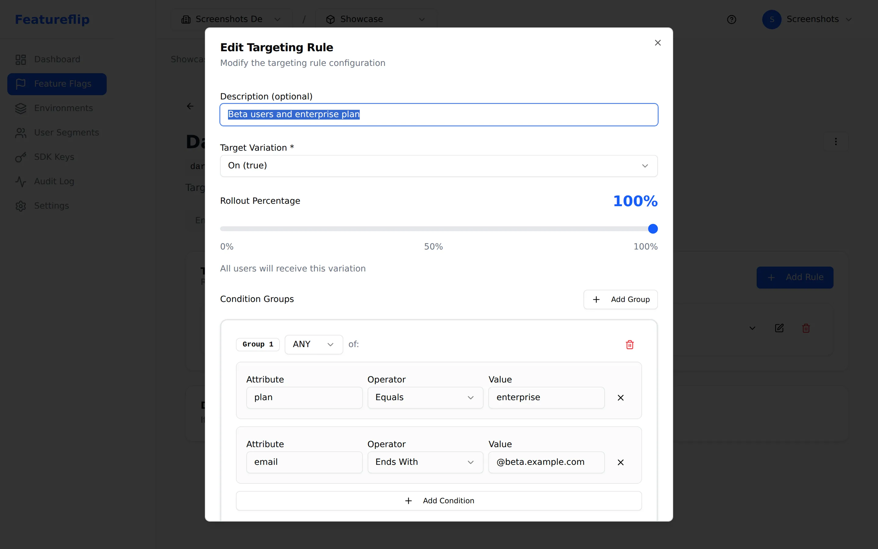 Targeting rule editor showing a condition group with two conditions combined by ANY: plan equals enterprise OR email ends with @beta.example.com